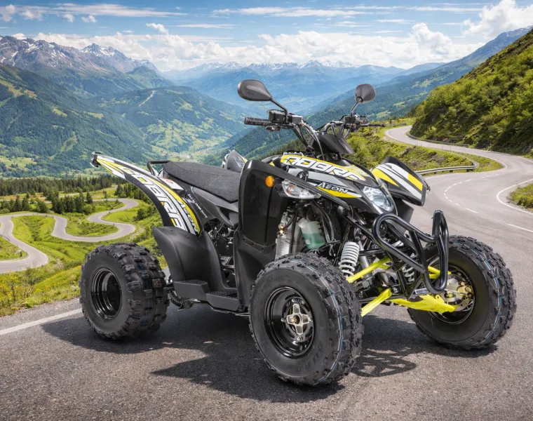 Aeon Cobra 424SX Straßenquad auf einer Serpentinenstraße in bergiger Landschaft – sportliches Quad bei Quadhandel Jung in Halle (Saale)